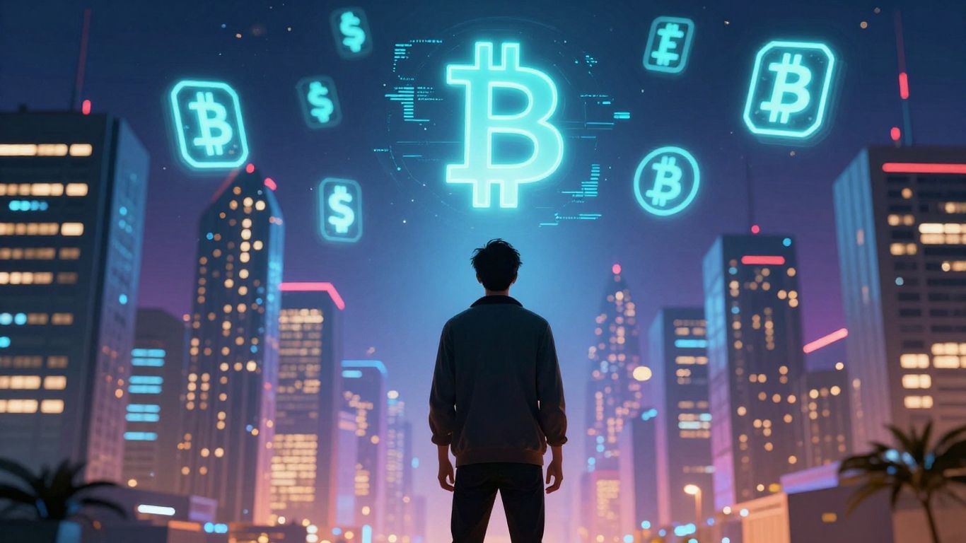 Criptomoedas flutuando sobre cidade futurista ao anoitecer.
