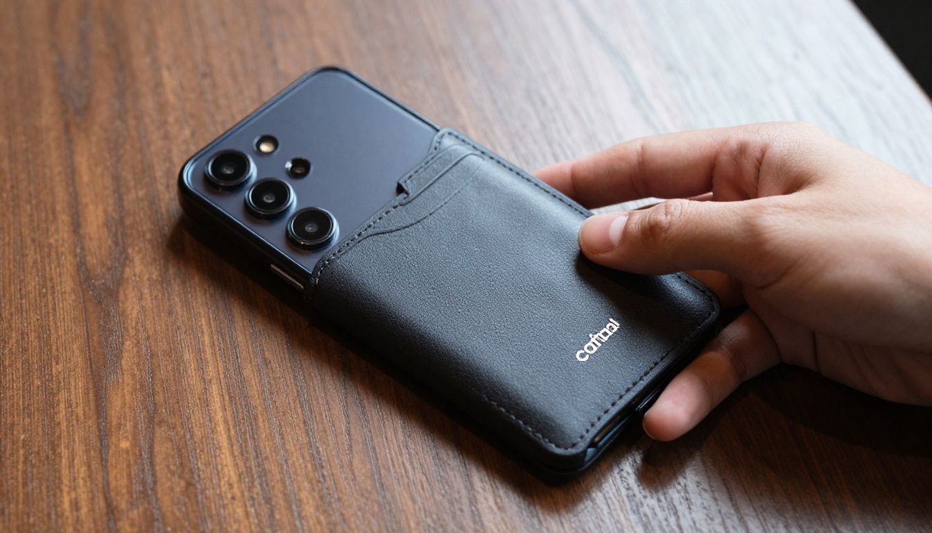 A person in a Melbourne cafe easily paying for their flat white by tapping their Galaxy S23 Ultra in a stylish leather wallet case