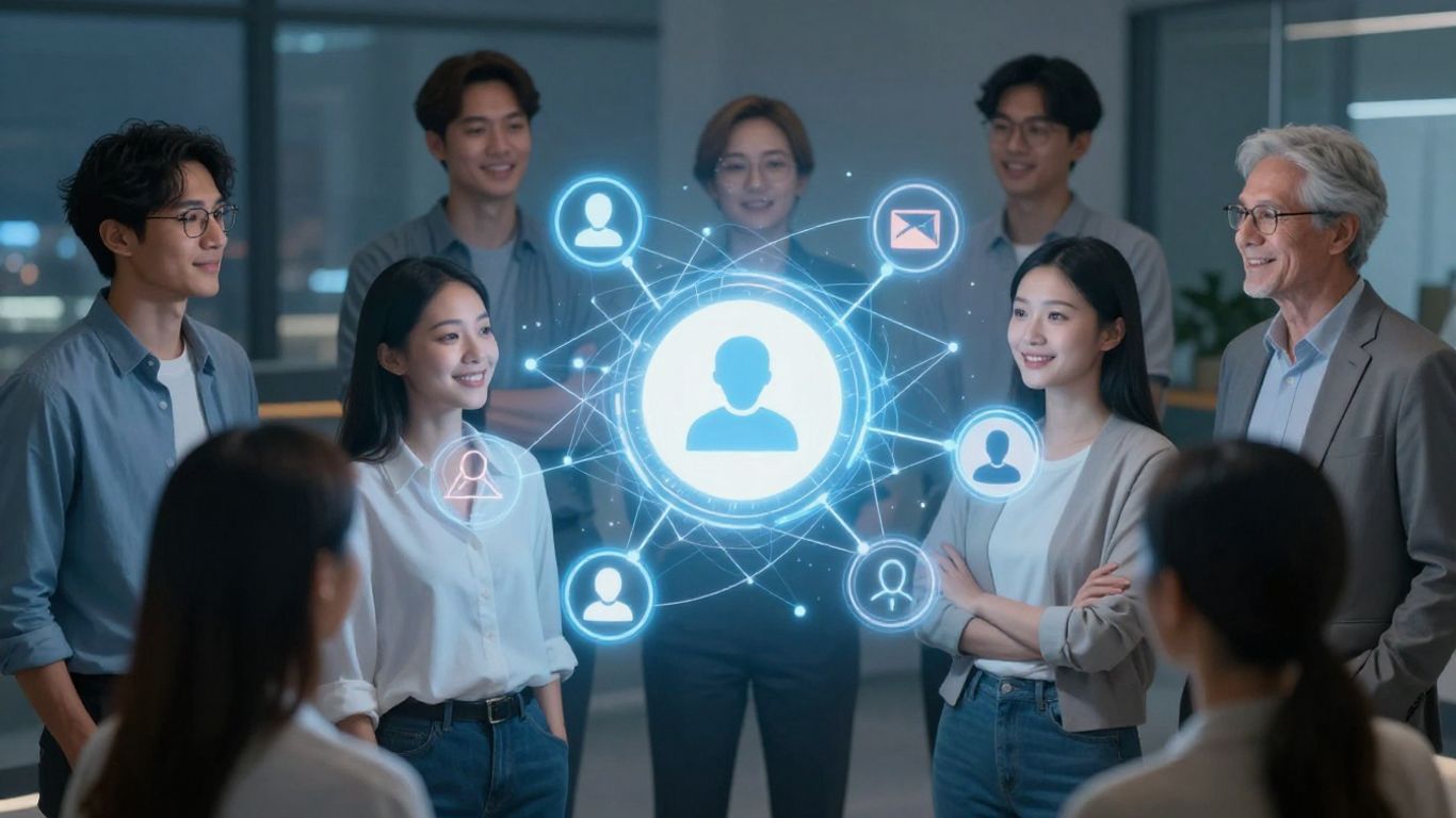 Connexions abstraites dans un paysage numérique futuriste.