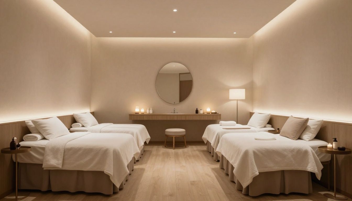 A tranquil and elegant spa room with soft lighting, neutral tones, and comfortable aesthetic furniture to welcome guests.