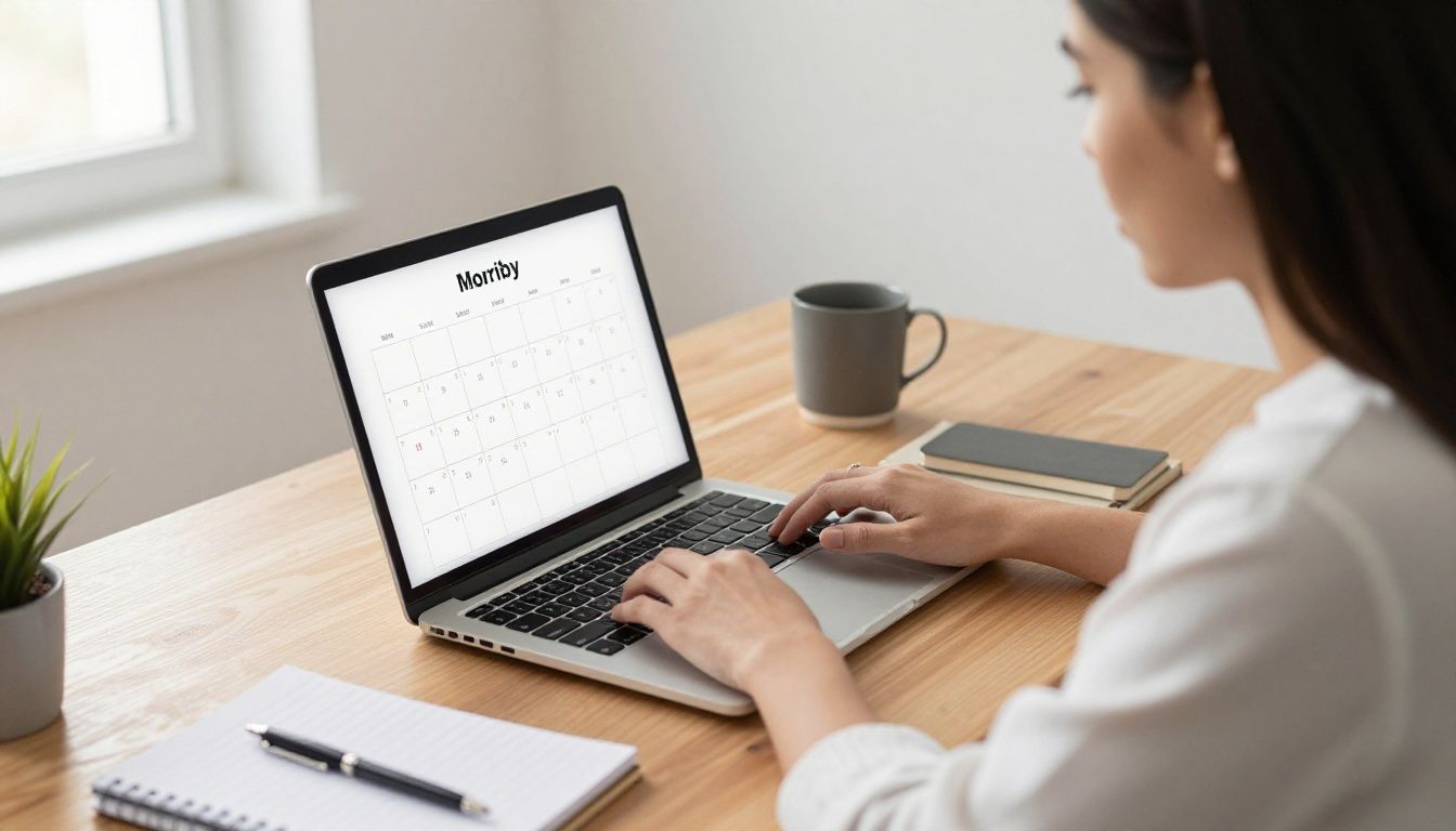 A focused woman entrepreneur at her clean, organized desk, looking thoughtfully at her calendar on a laptop screen, with a notebook and pen nearby. The morning light creates a sense of clarity and purpose.