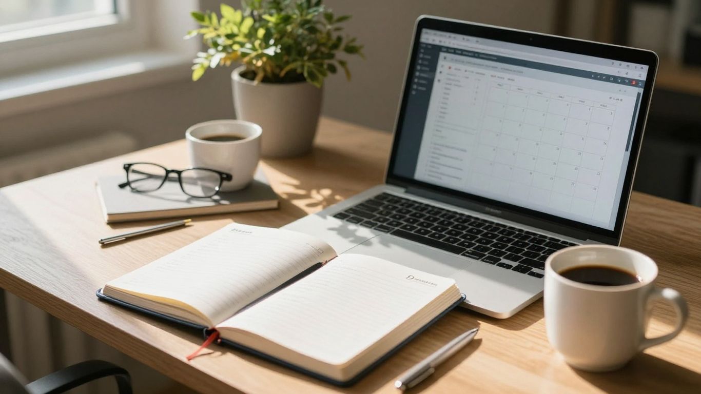Desk with planner and laptop for time blocking productivity.