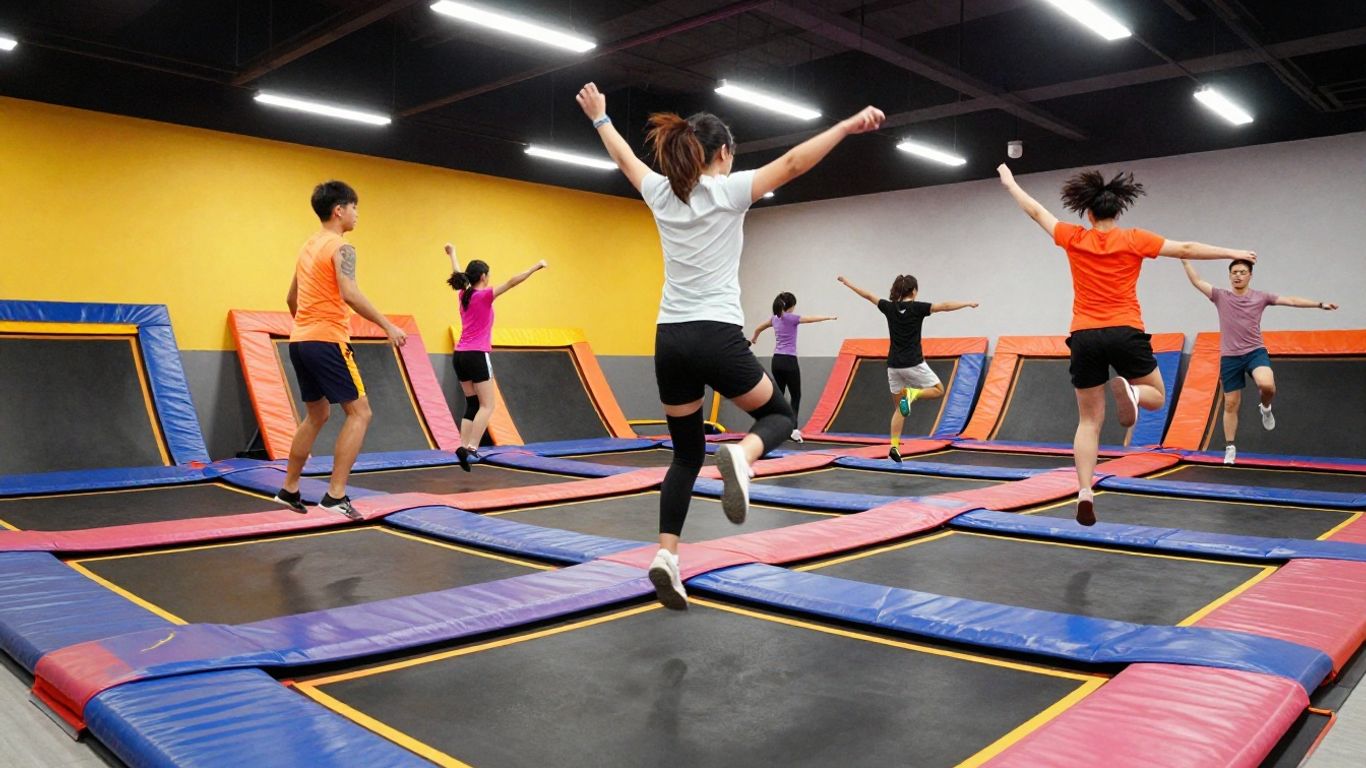 People bouncing on trampolines in a fitness class.