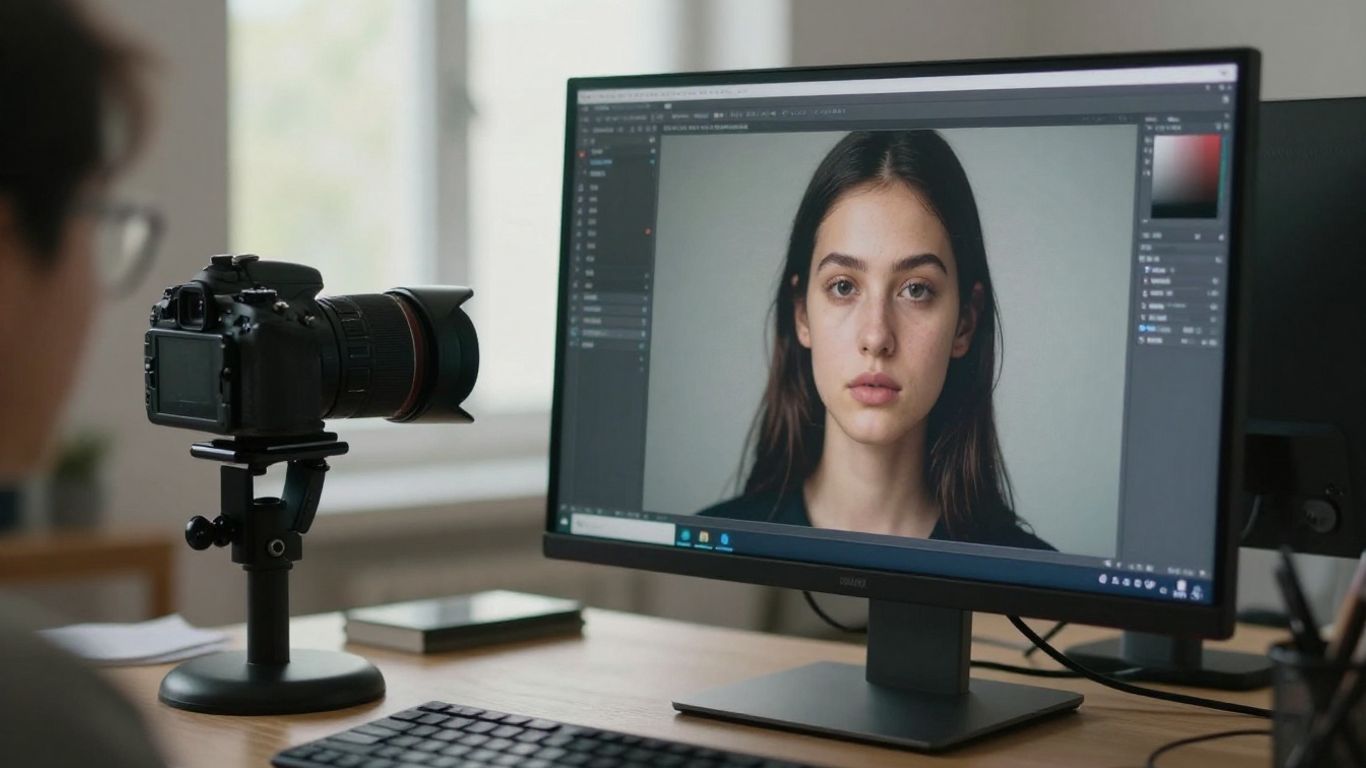 Close-up camera photograph beside synthetic portrait