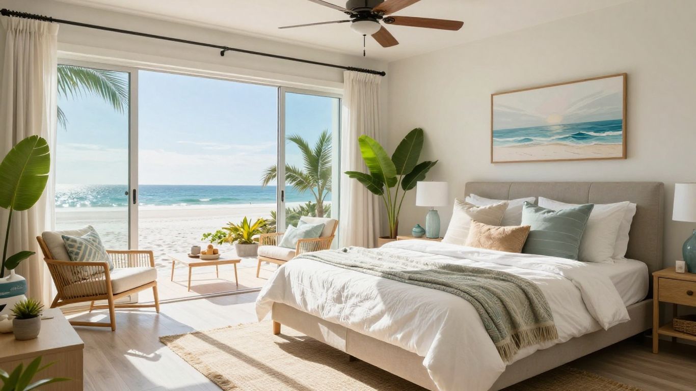 Destin Airbnb interior with coastal decor and sunlight.