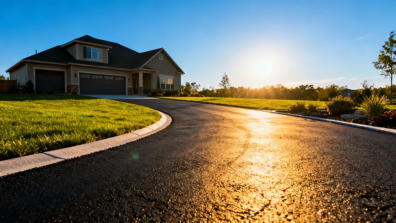 New asphalt driveway leading to a house.