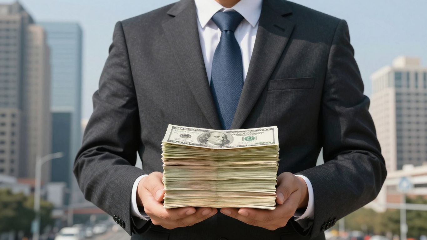 Mortgage broker with money, cityscape background.
