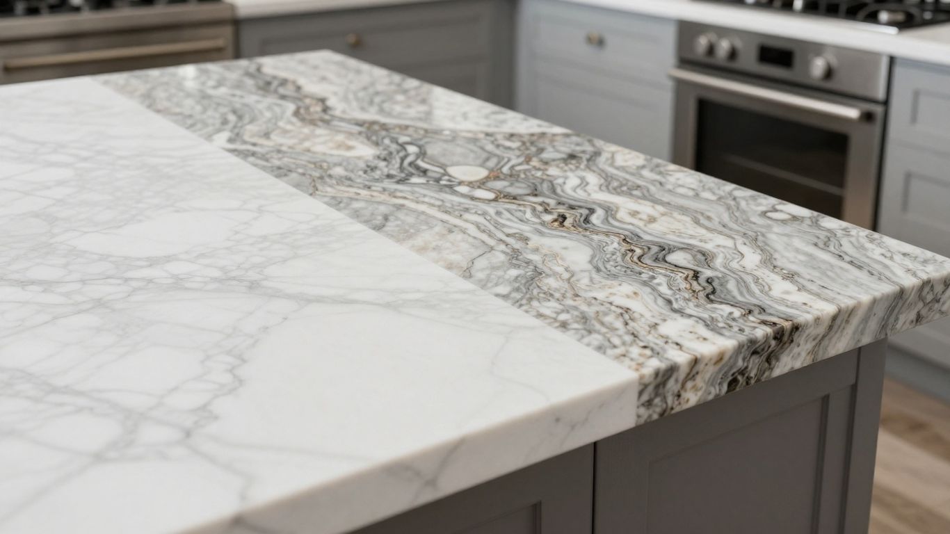 Marble and quartzite countertops side-by-side.