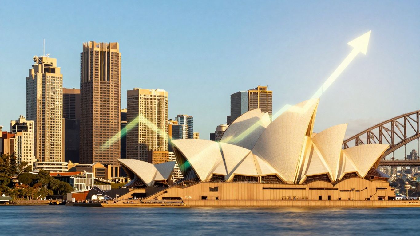 Sydney skyline with financial growth elements.