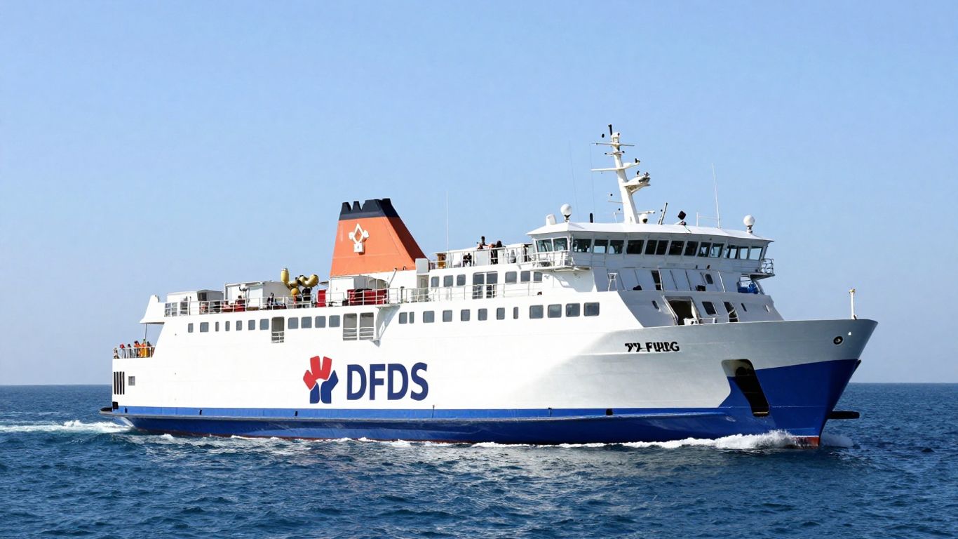 DFDS ferry sailing on blue water.