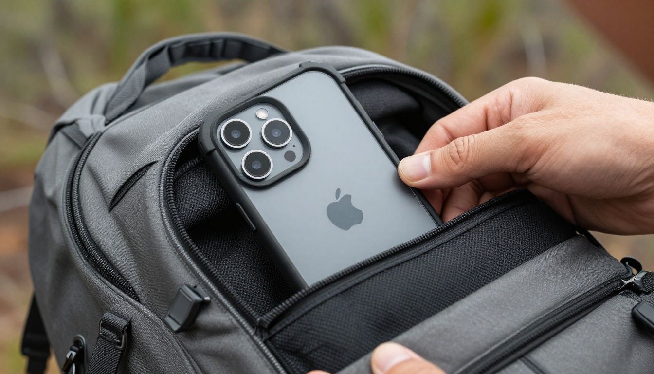 A person hiking in the Australian bush, taking their iPhone 17 Pro Max out of their backpack. The phone is in a rugged, heavy-duty case.