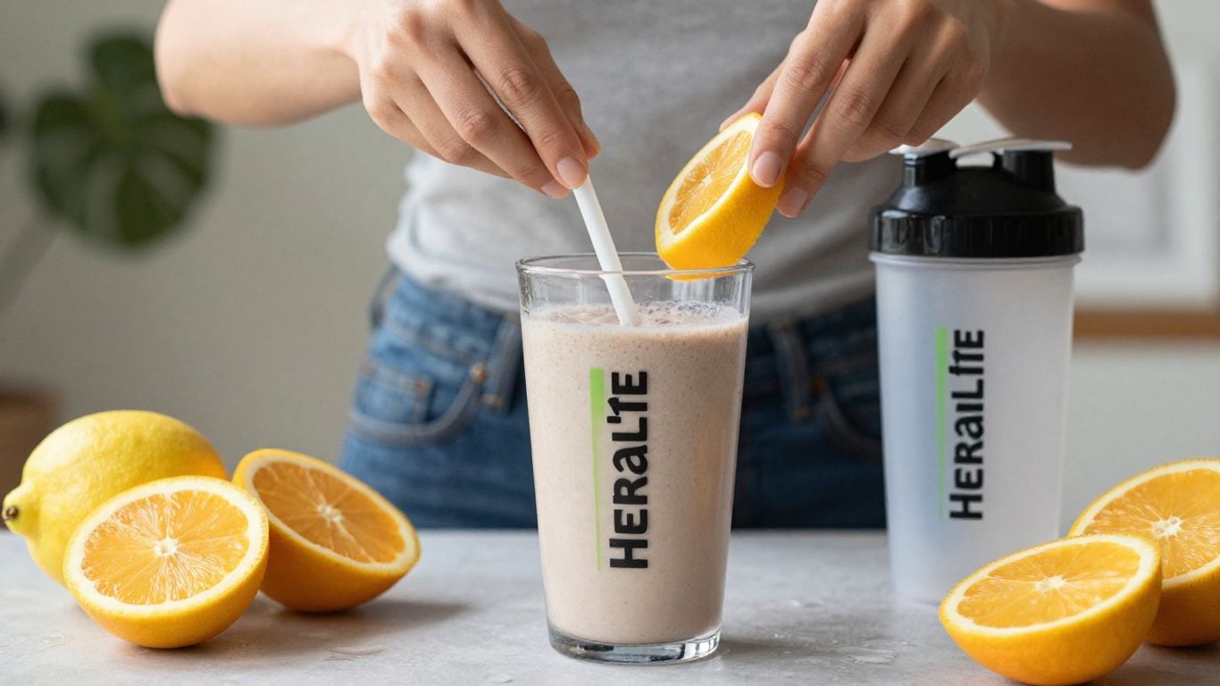 Herbalife protein shake preparation with fruits and shaker.