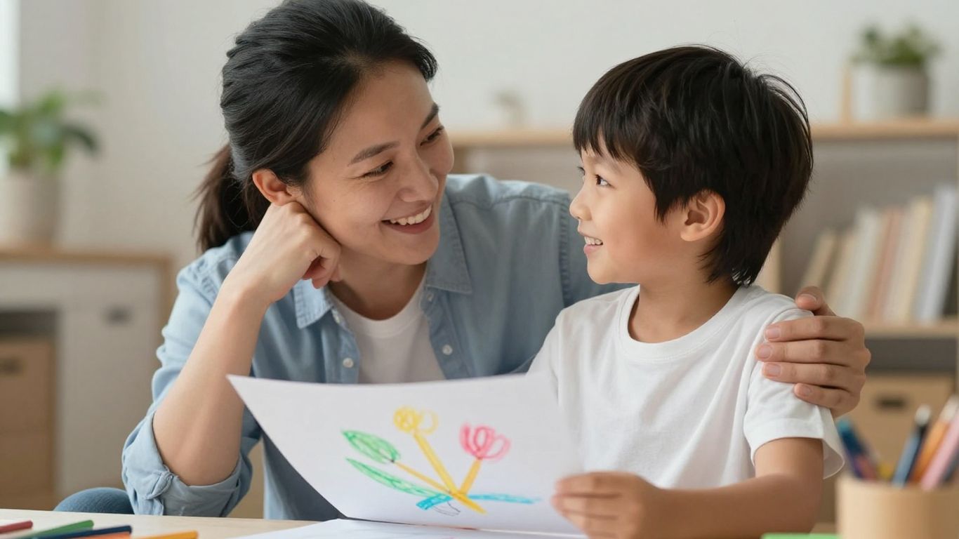 Parent and child connecting over artwork.