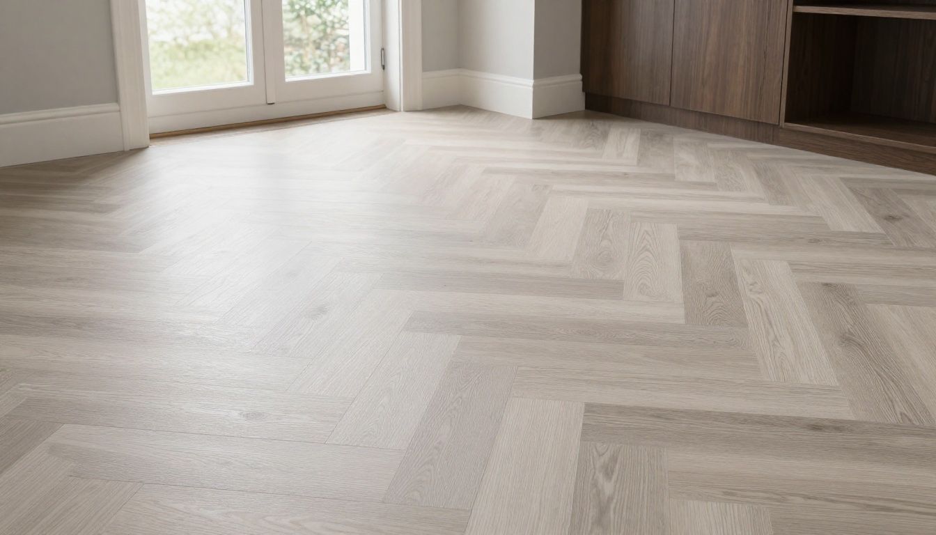 A before and after shot of a room in a Bristol home, transformed with new herringbone LVT flooring.