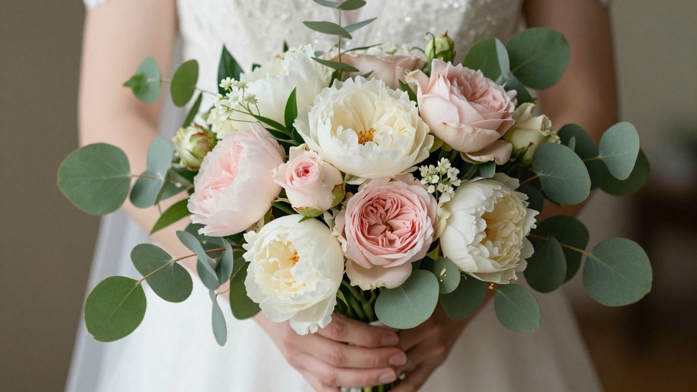 Bride holding a beautiful wedding flower bouquet.