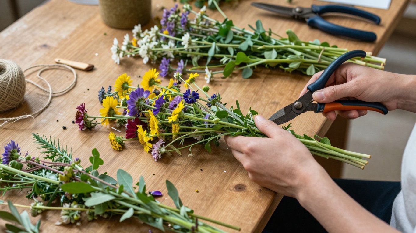 Fresh flowers sitting on a workbench