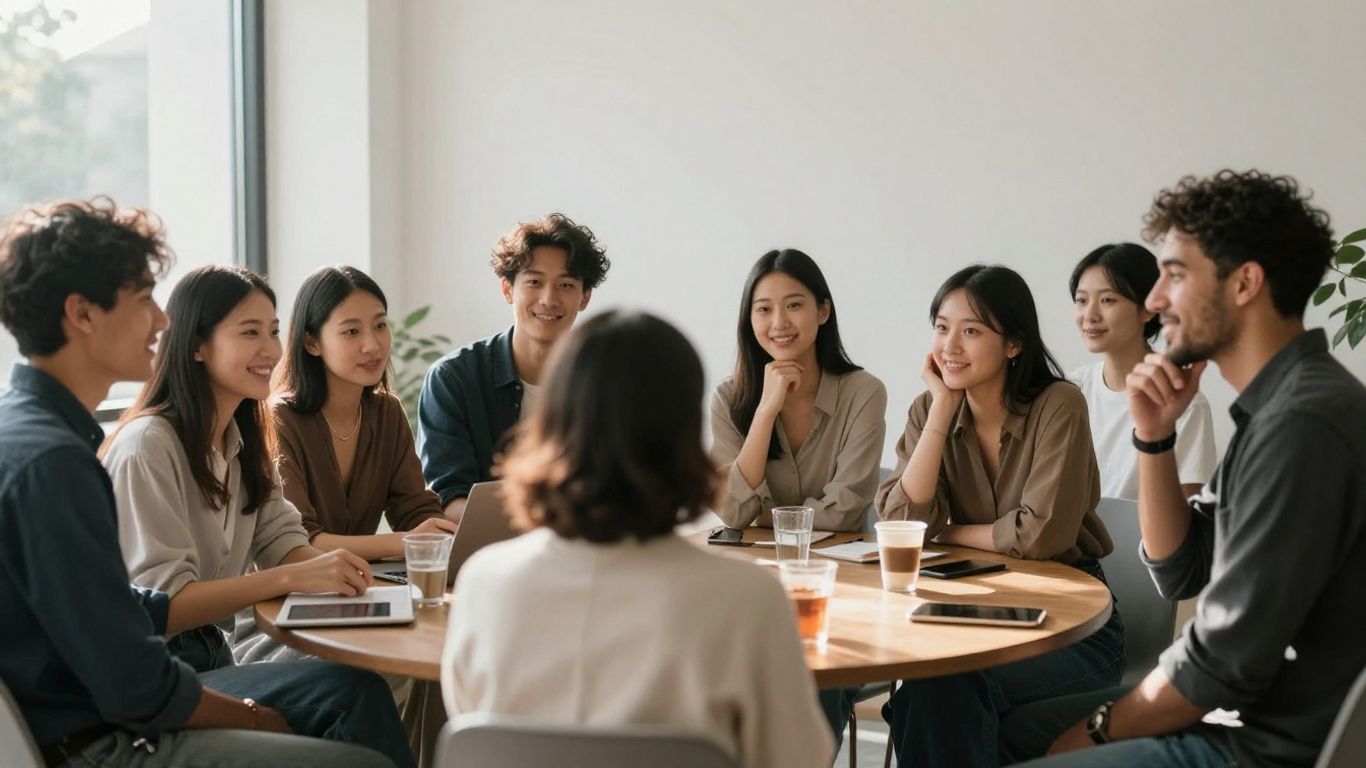 Oameni interacționând într-un mediu social nou și primitor.