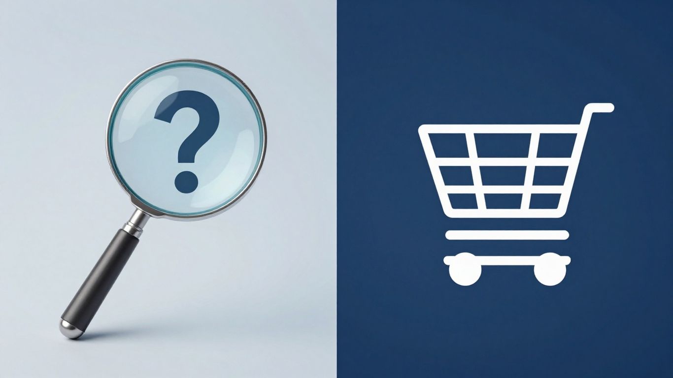 Magnifying glass over question mark and shopping cart icon.