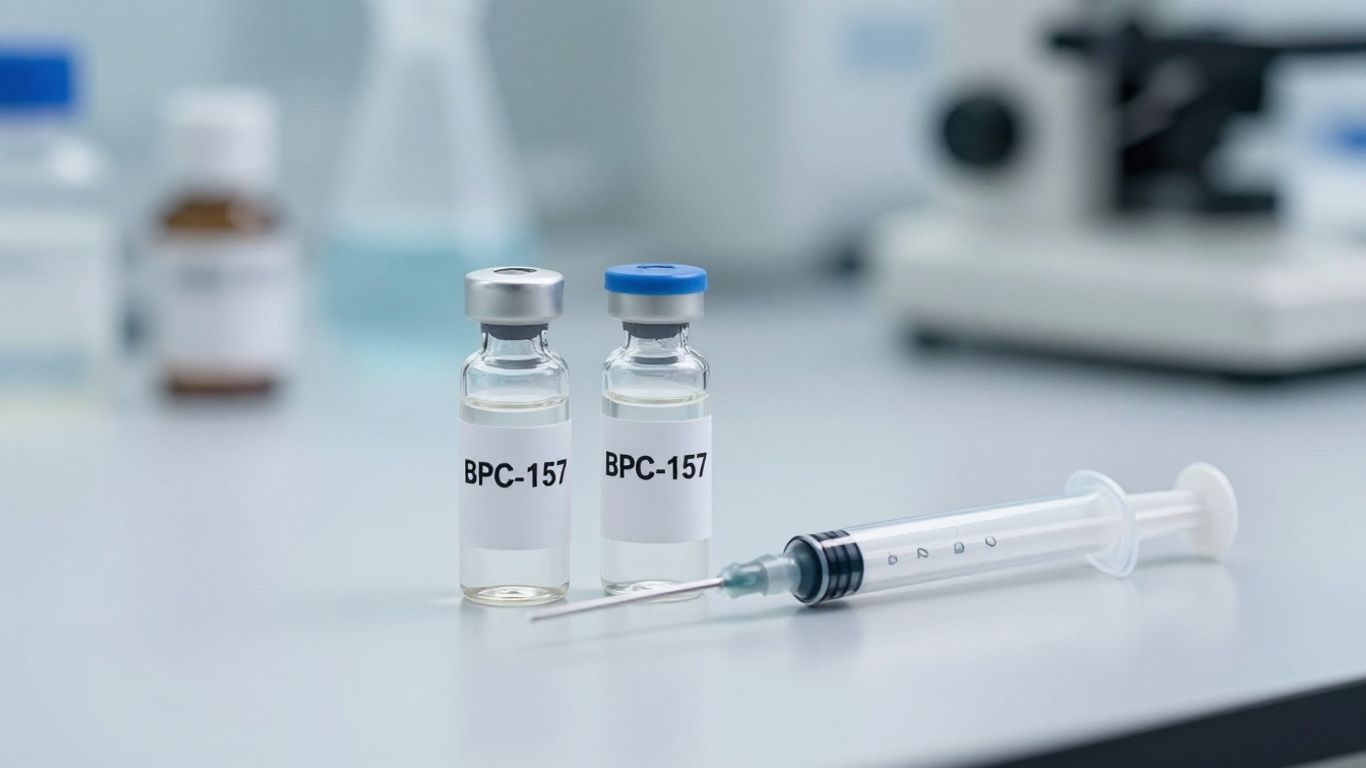 BPC-157 vial and syringe on laboratory table