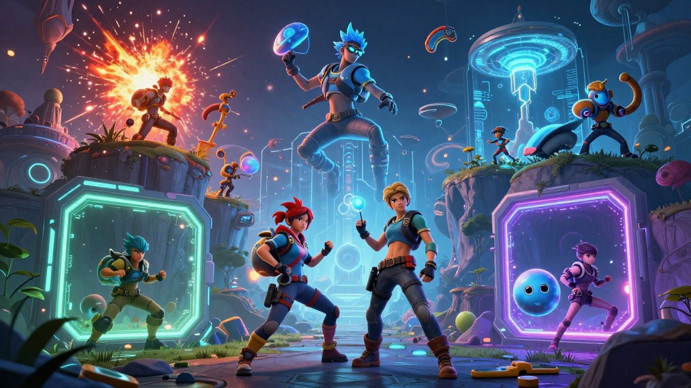 Collage of futuristic game characters and fantastical landscapes.