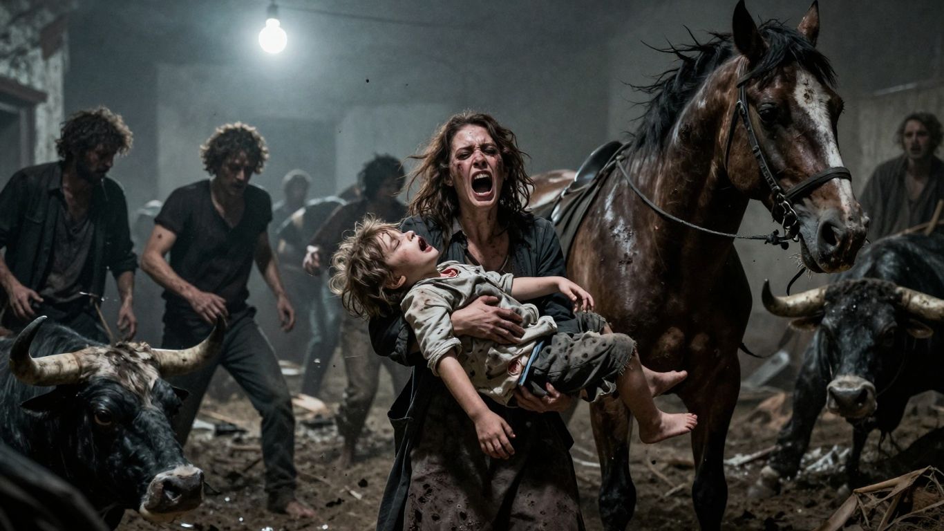 Verzweifelte Figuren in einem chaotischen, monochromen Gemälde.