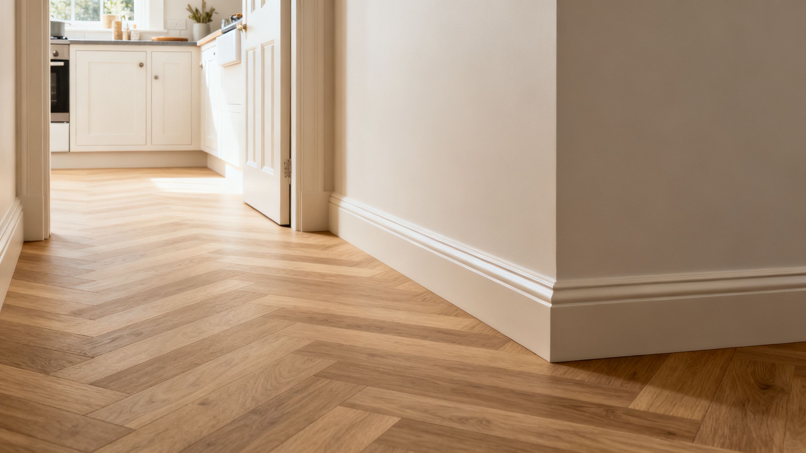 Finished herringbone LVT floor running from a bright Bristol kitchen into a hallway, showing clean edging and a quiet solid finish
