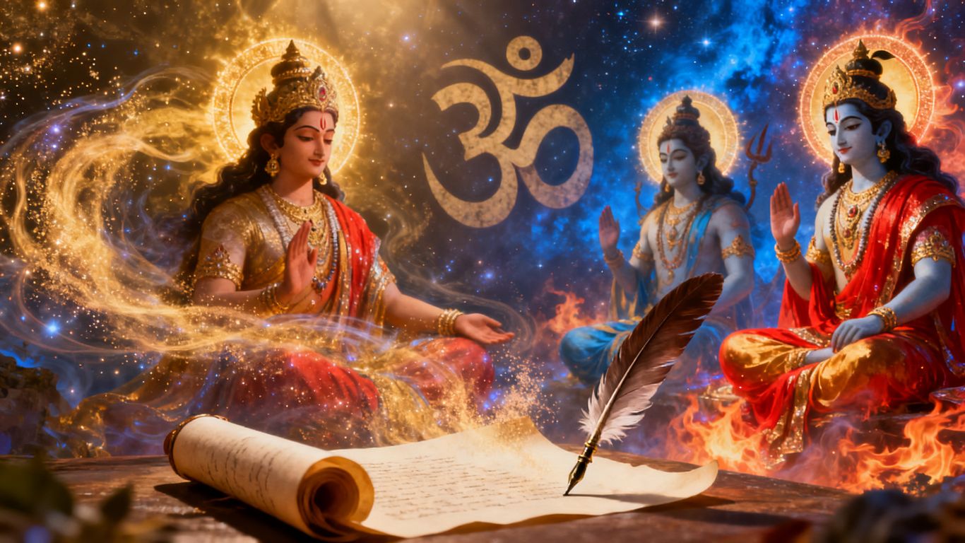 Indian mythological figures and a quill pen.