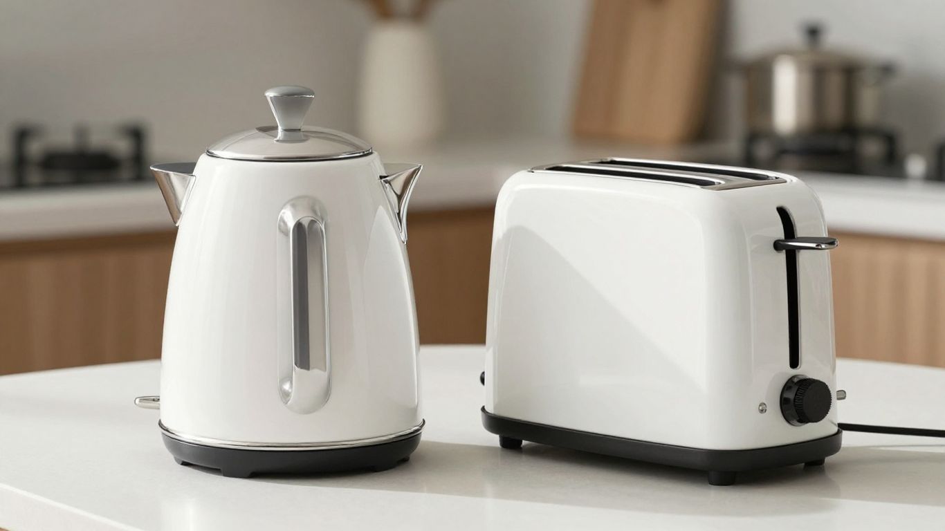White kettle and toaster set on a kitchen counter.