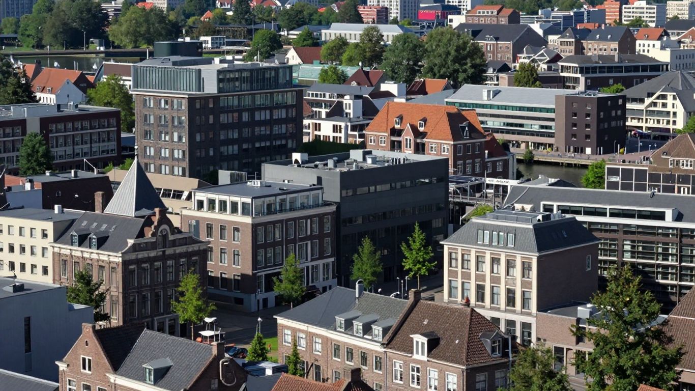 Dynamisch stadsbeeld van Amersfoort met gebouwen en groen.