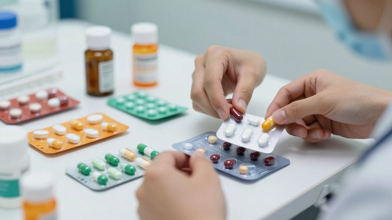 Hands organizing medication bottles and blister packs.
