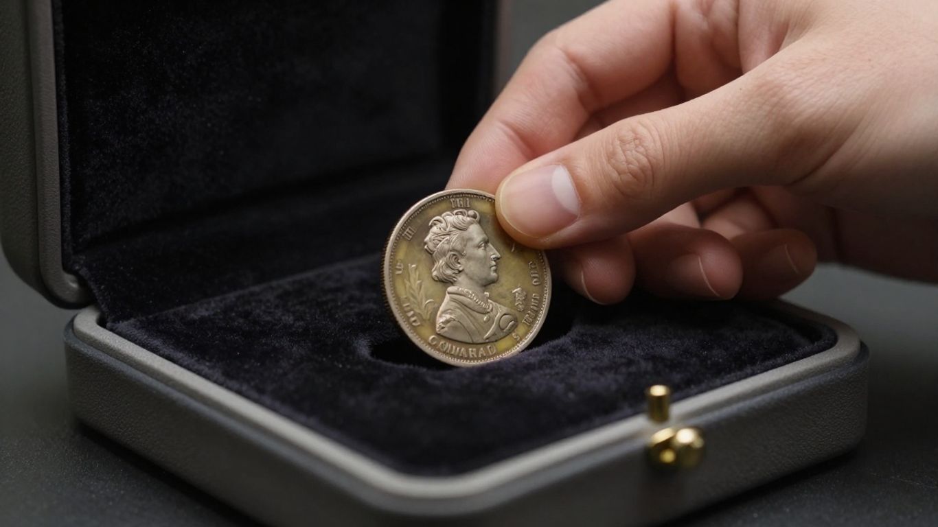 Hand placing coin in display case for consignment.