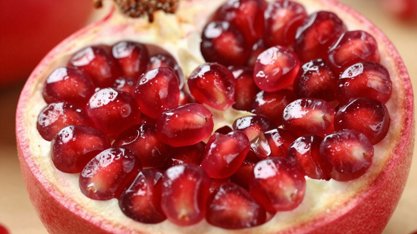 Pomegranate halves with glistening ruby-red seeds.