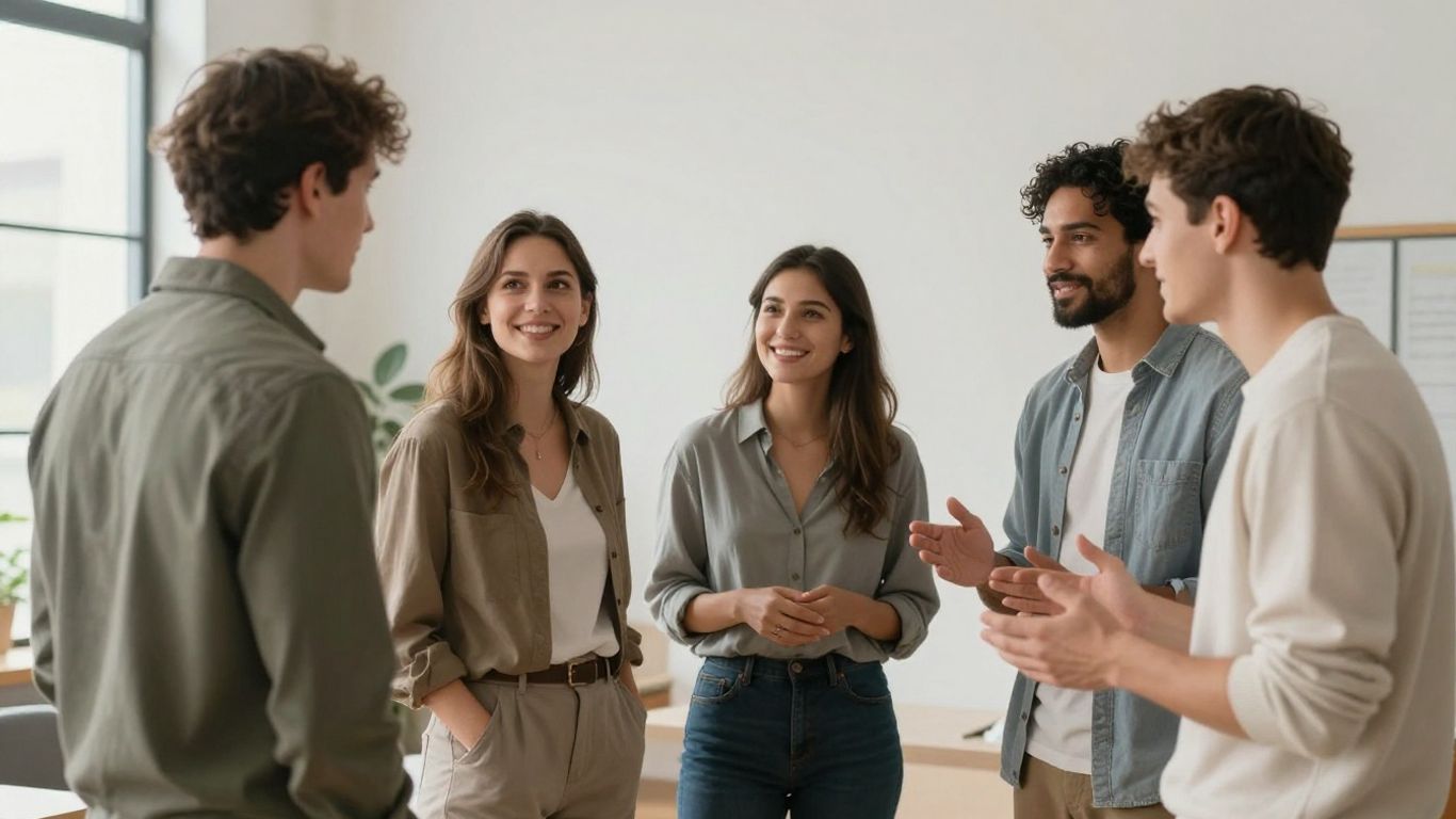 Oameni interacționând prietenos într-un grup nou.