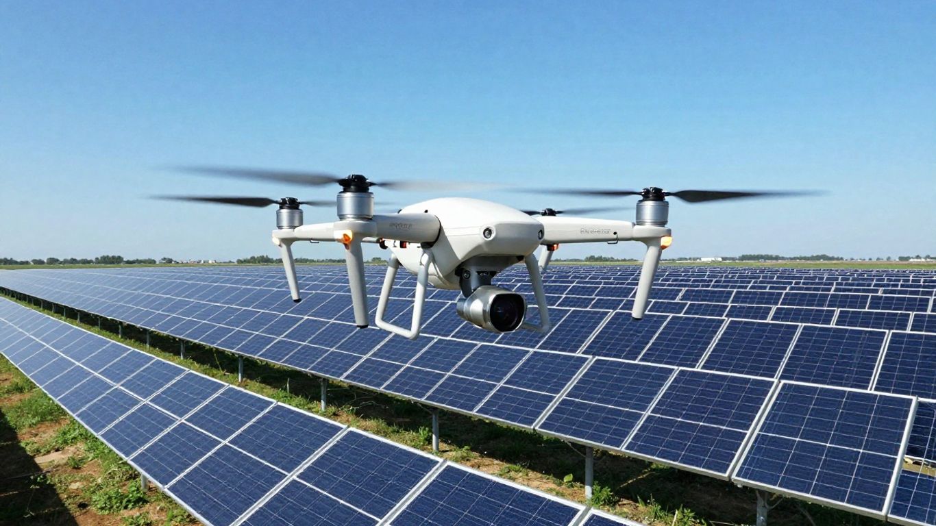 Drone inspecting solar panels from above.