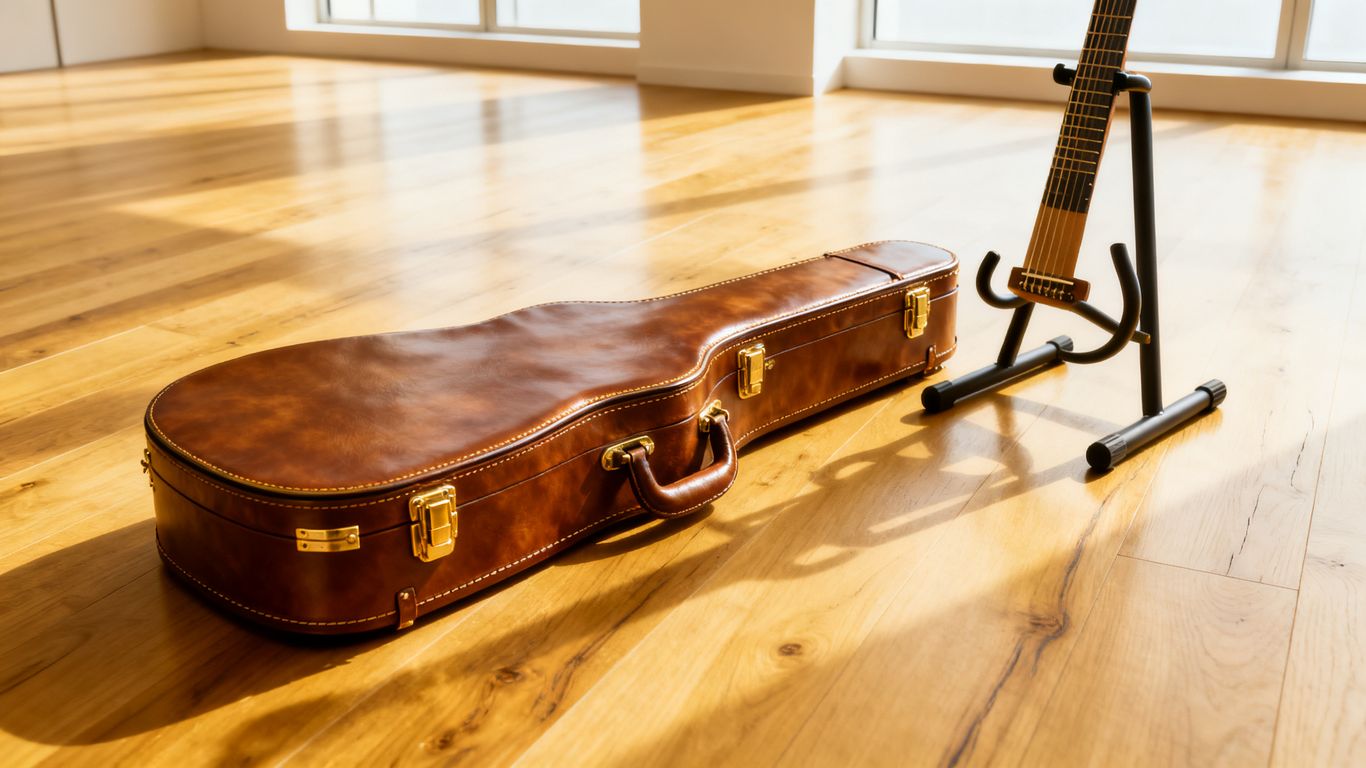 Travel-ready guitar case sitting on a clean floor.