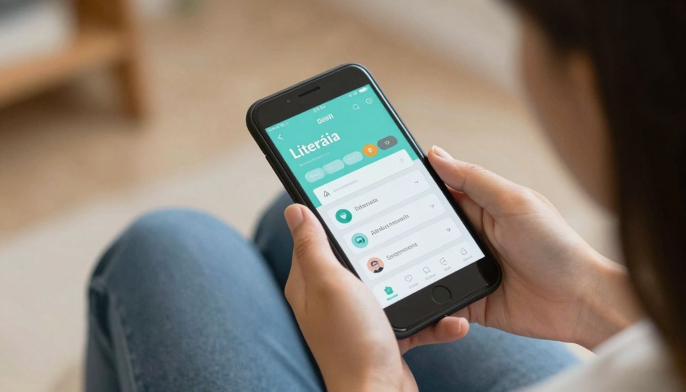 Uma jovem lendo um livro digital em um smartphone com interface literária colorida ao fundo