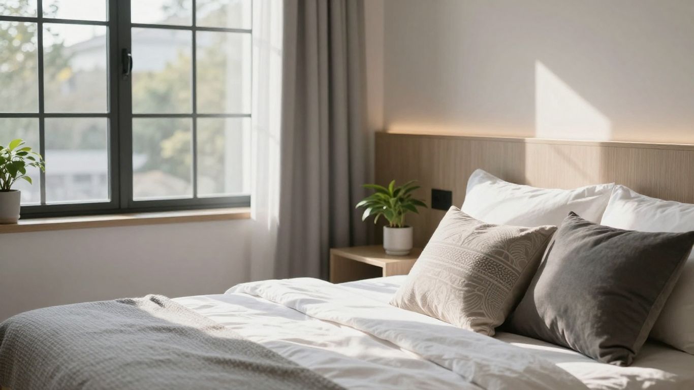 Stylish Airbnb interior with a bed and natural light.
