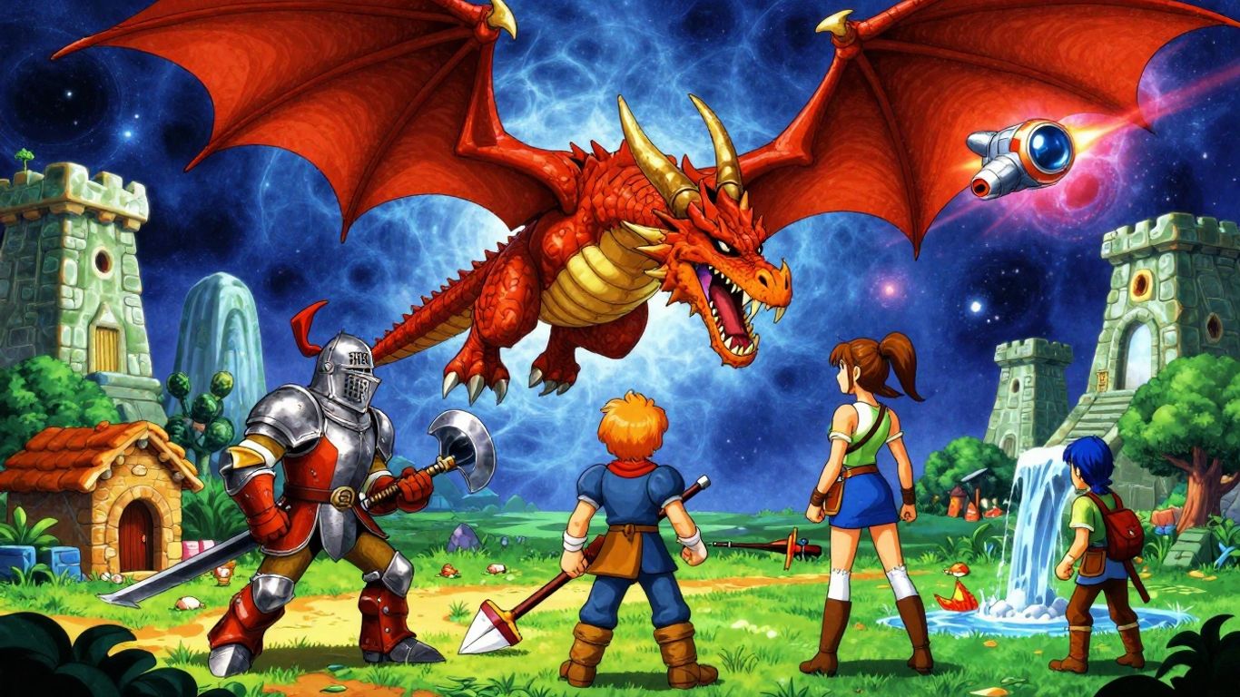 Collage of epic 2012 video game characters and worlds.