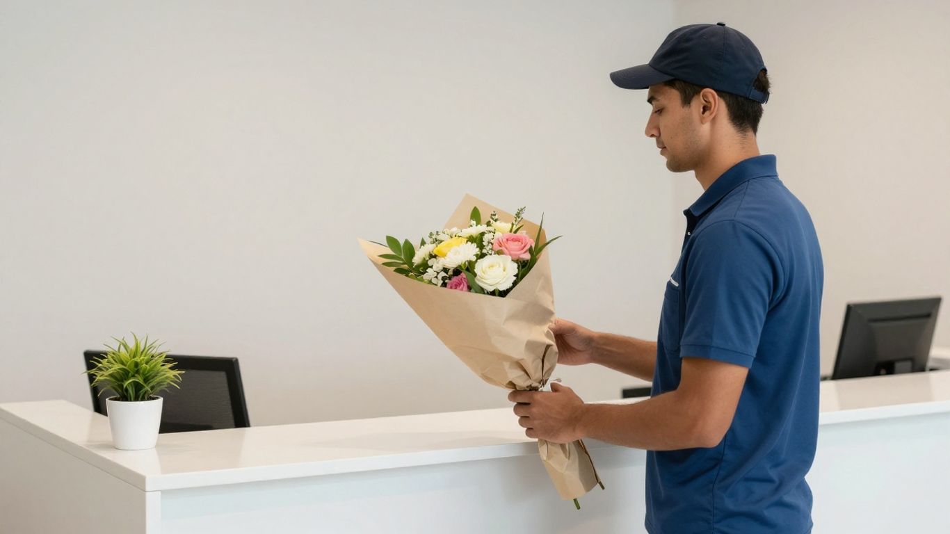 A courier handing a bouquet to a facility receptionist
