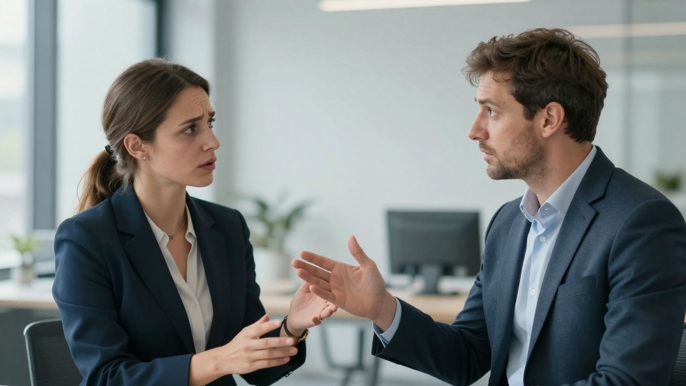 Zwei Personen im Büro, die miteinander sprechen.
