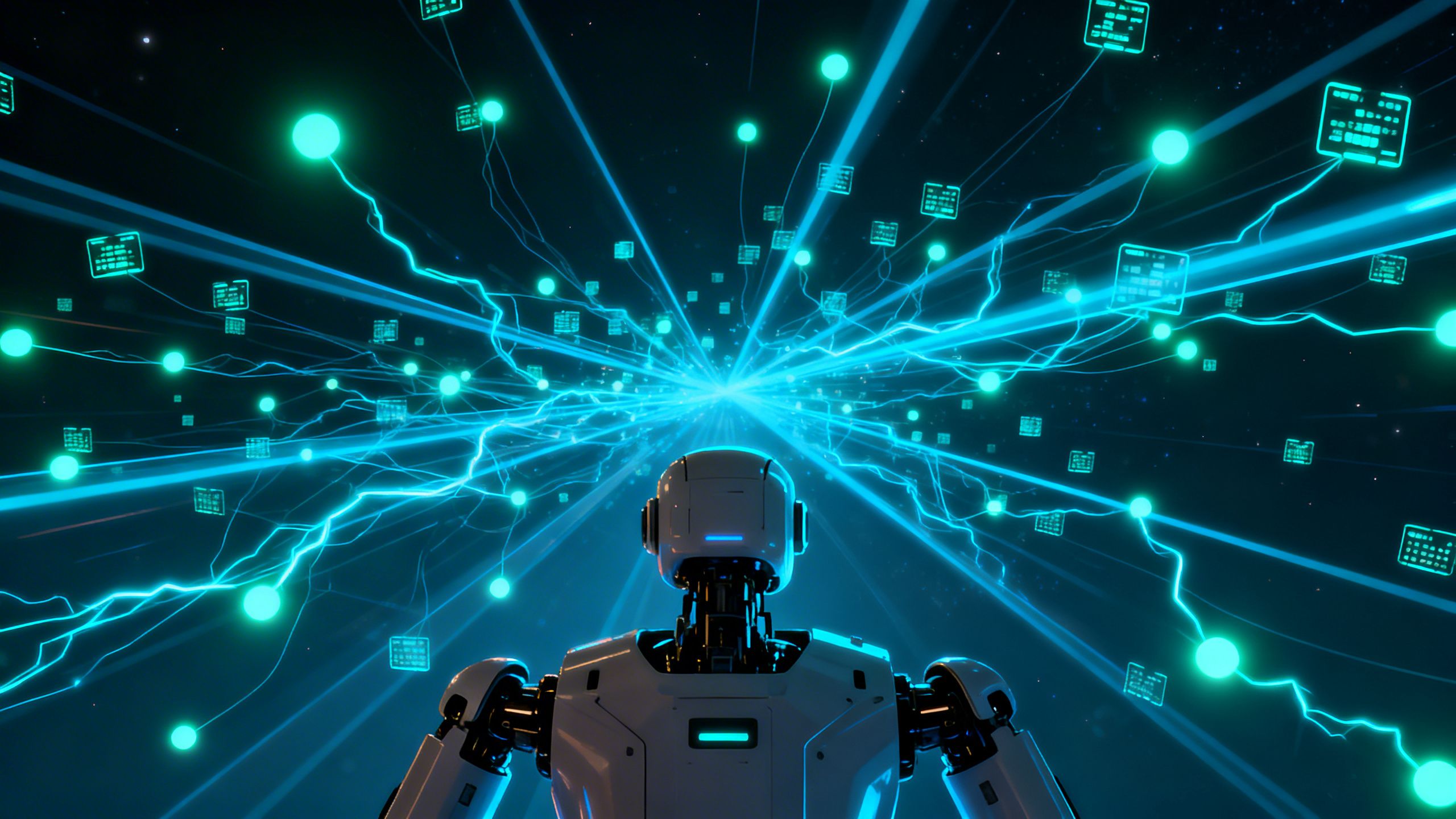 An animated diagram showing a single robot's perspective, with data points and predictive paths branching out, representing the robot-centric AI model.
