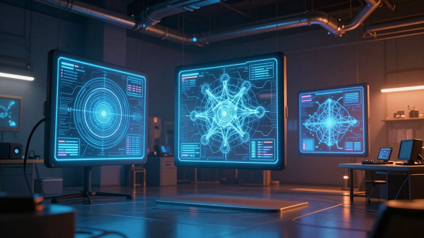 A futuristic studio interface with glowing screens