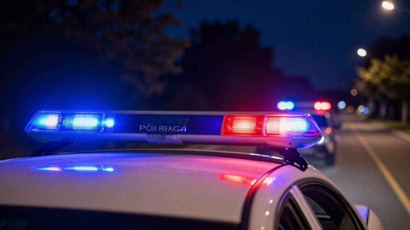 Flashing police lights at night on a road.