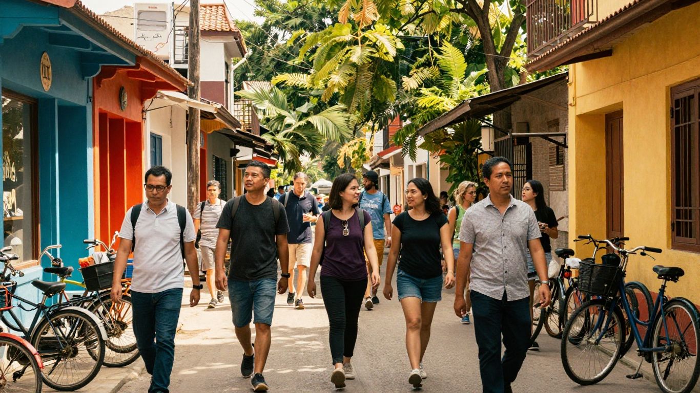 Travelers exploring a lively destination neighborhood