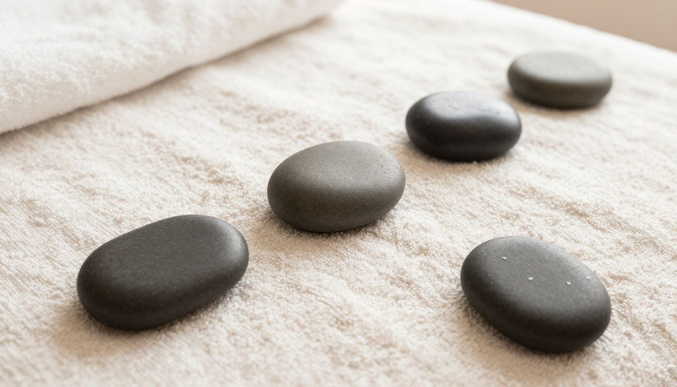 Natural, smooth massage stones resting on a soft, clean towel for a session