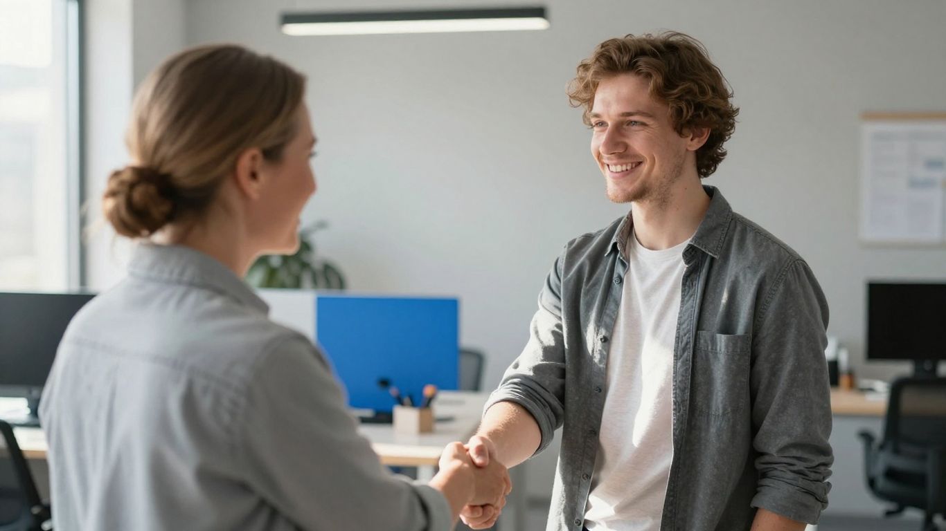 Auszubildender und Kollege handshake im Büro.