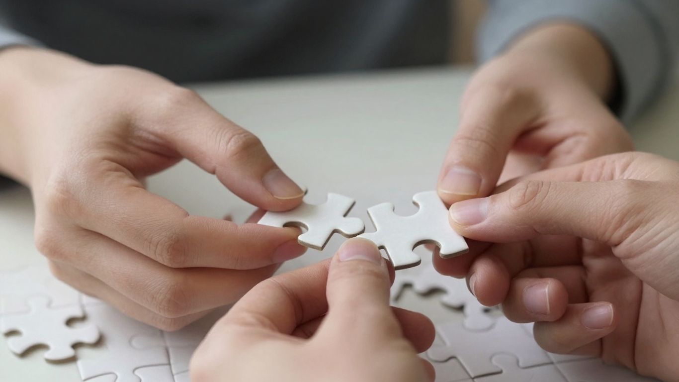 Hands building connections with puzzle pieces.
