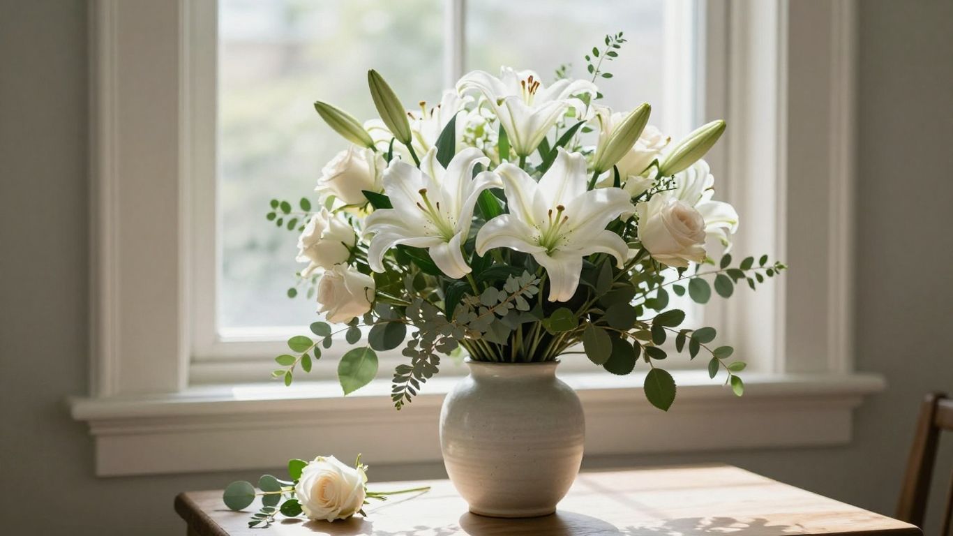 White lilies and roses in a quiet room