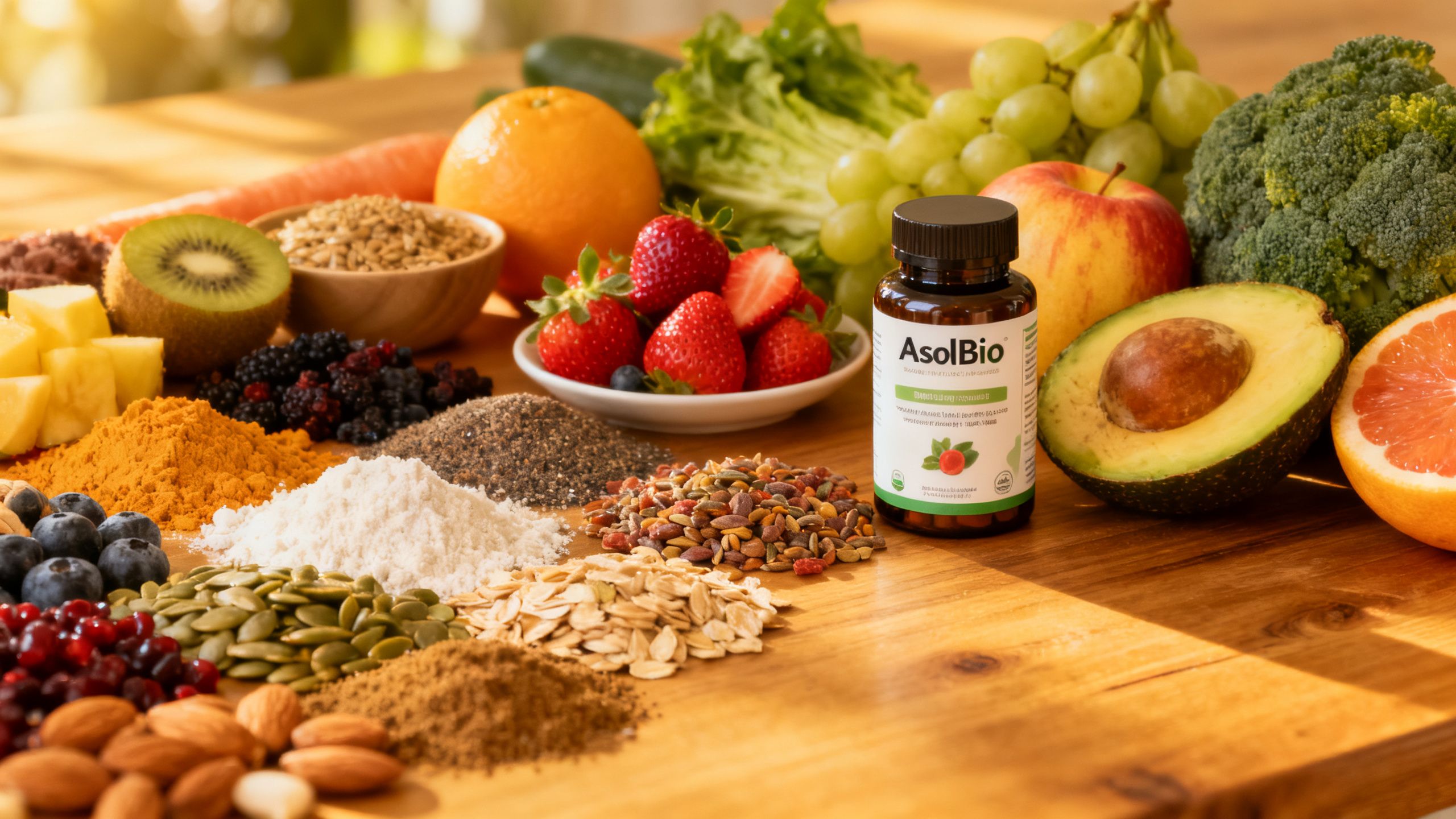 Un assortiment coloré de super-aliments, de fruits et de légumes frais sur une table en bois, avec un flacon de compléments alimentaires AslBio à côté.
