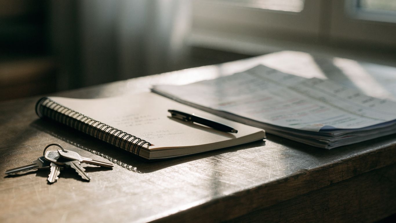 Keys and booking notes on a wooden table